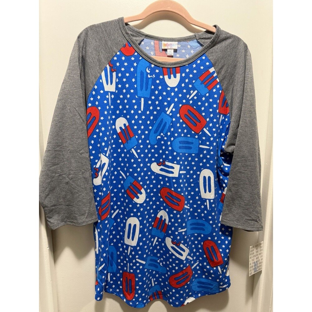 LuLaRoe Randy Women’s XL Blue/Gray Stars Raglan 3/4 Sleeve Round Neck Tee